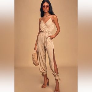 Stroll the Shore Camel Striped Jumpsuit